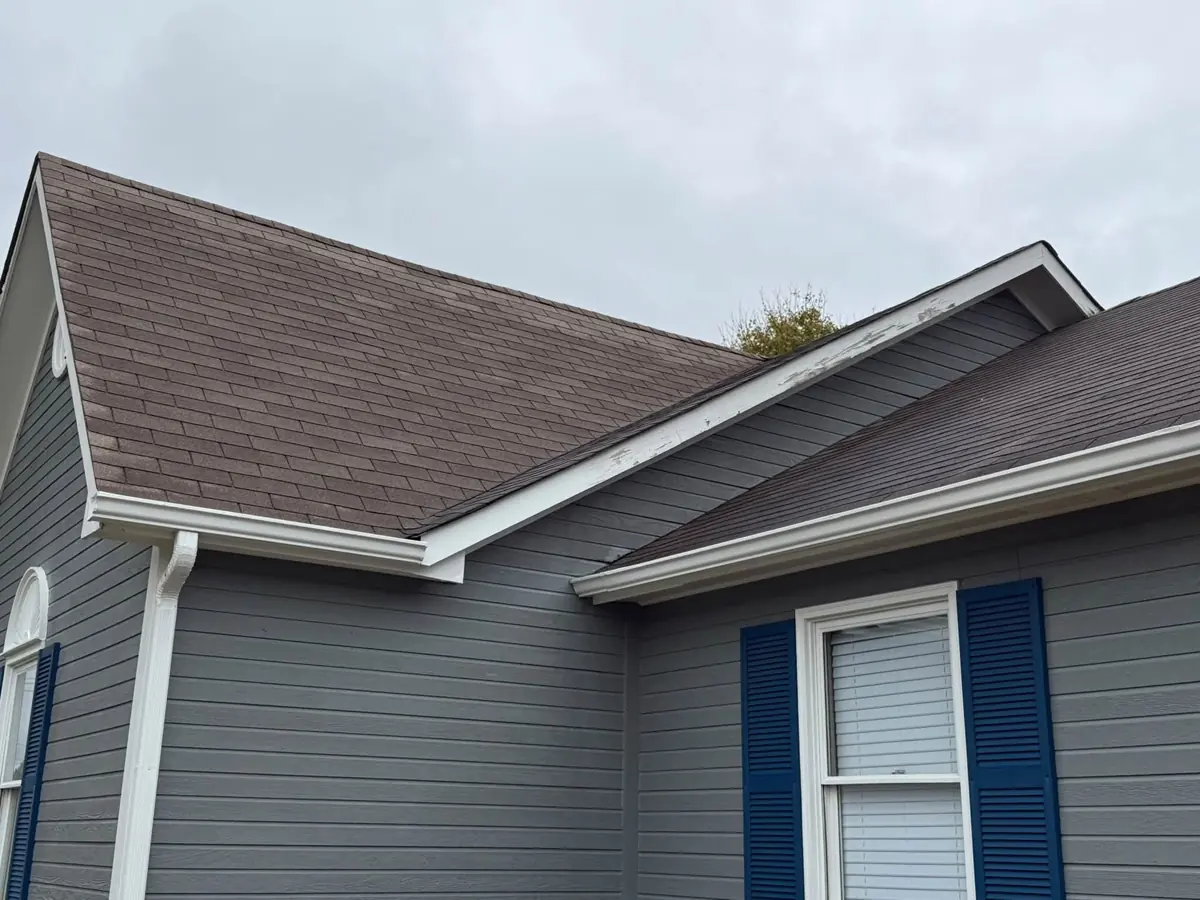 Rooflines with freshly painted white fascia and navy shutters